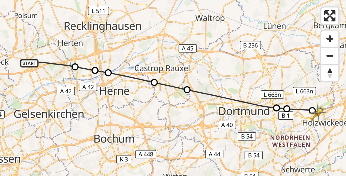Flugroute Rettungshubschrauber Gelsenkirchen - Dortmund Flughafen, 08 August 2026, 22:51