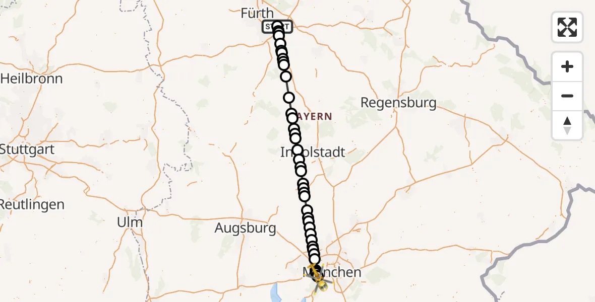 Flugroute Rettungshubschrauber Nürnberg South Hospital - DRF Air Rescue München Hubschrauberlandeplatz, 09 August 2026, 00:06
