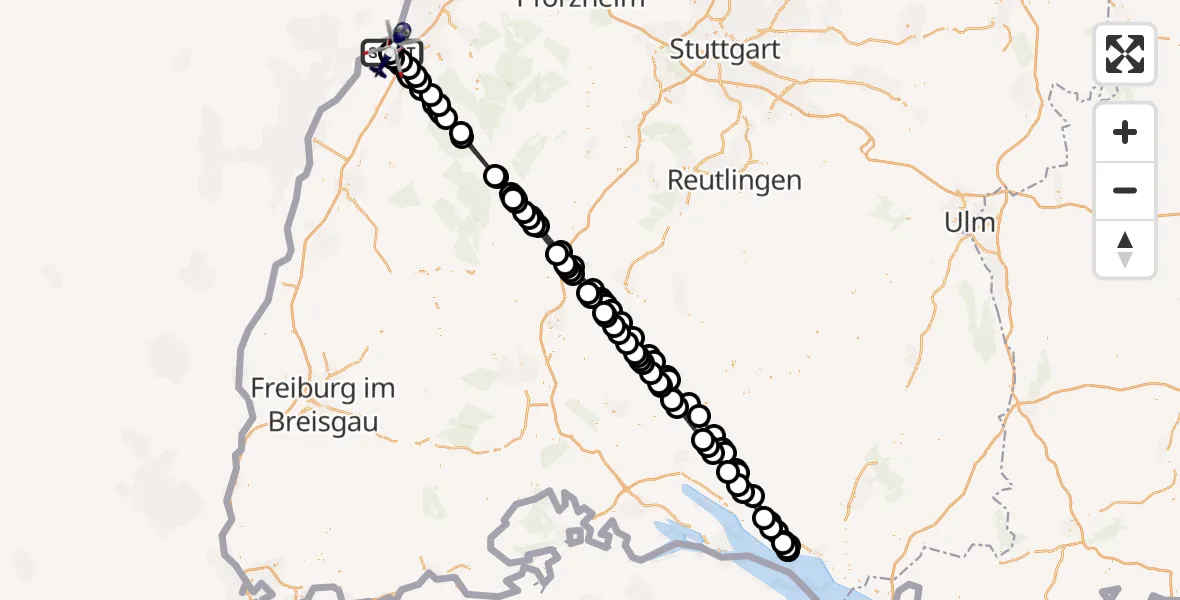 Flugroute Polizeihubschrauber Karlsruhe Baden-Baden Flughafen - Karlsruhe Baden-Baden Flughafen, 09 August 2026, 00:22