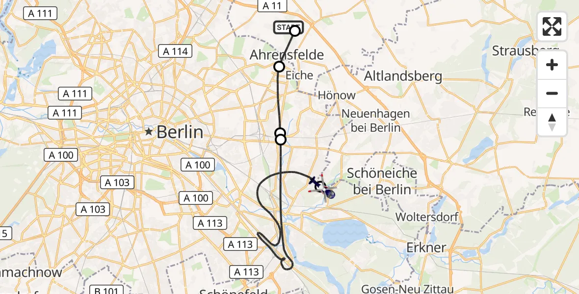 Flugroute Polizeihubschrauber Ahrensfelde Hubschrauberlandeplatz - Hoppegarten, 09 August 2026, 01:04