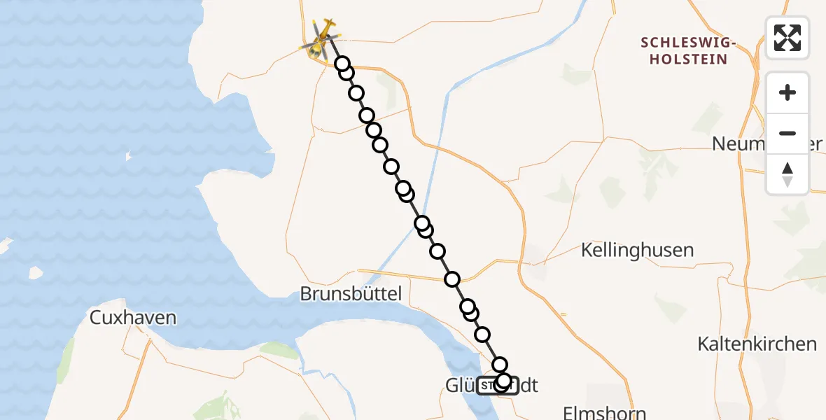 Flugroute Ambulanzhubschrauber Glückstadt - Heide, 09 August 2026, 01:25