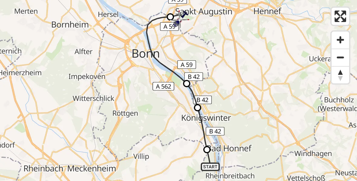 Flugroute Polizeihubschrauber Remagen - Sankt Augustin, 09 August 2026, 02:34