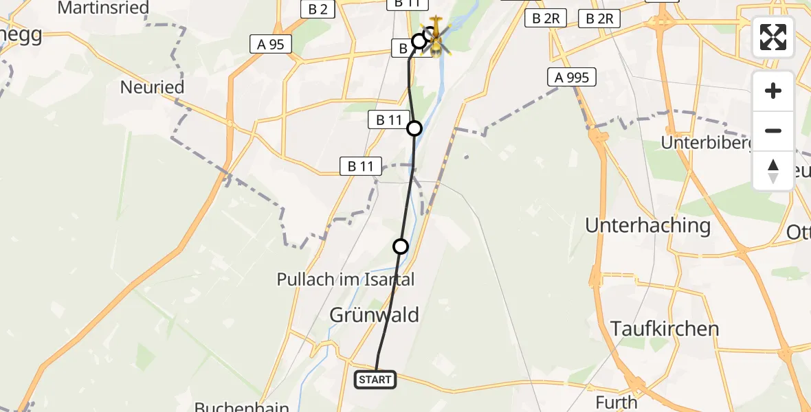 Flugroute Rettungshubschrauber Grünwald - München South Surgical Hospital, 09 August 2026, 03:45