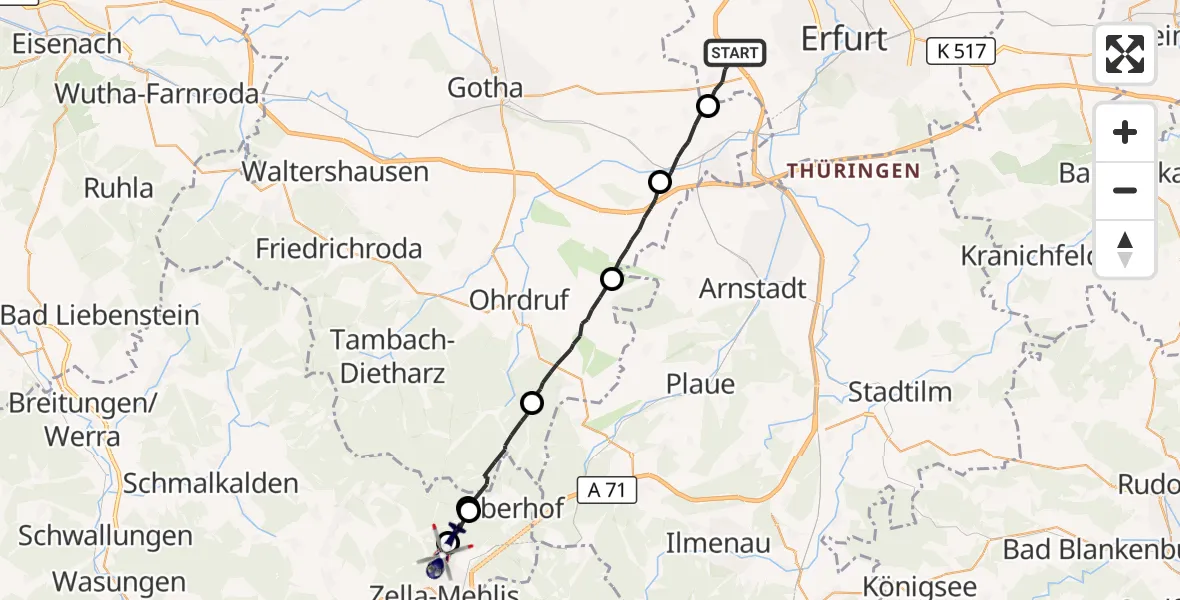 Flugroute Polizeihubschrauber Erfurt - Zella-Mehlis, 09 August 2026, 04:34