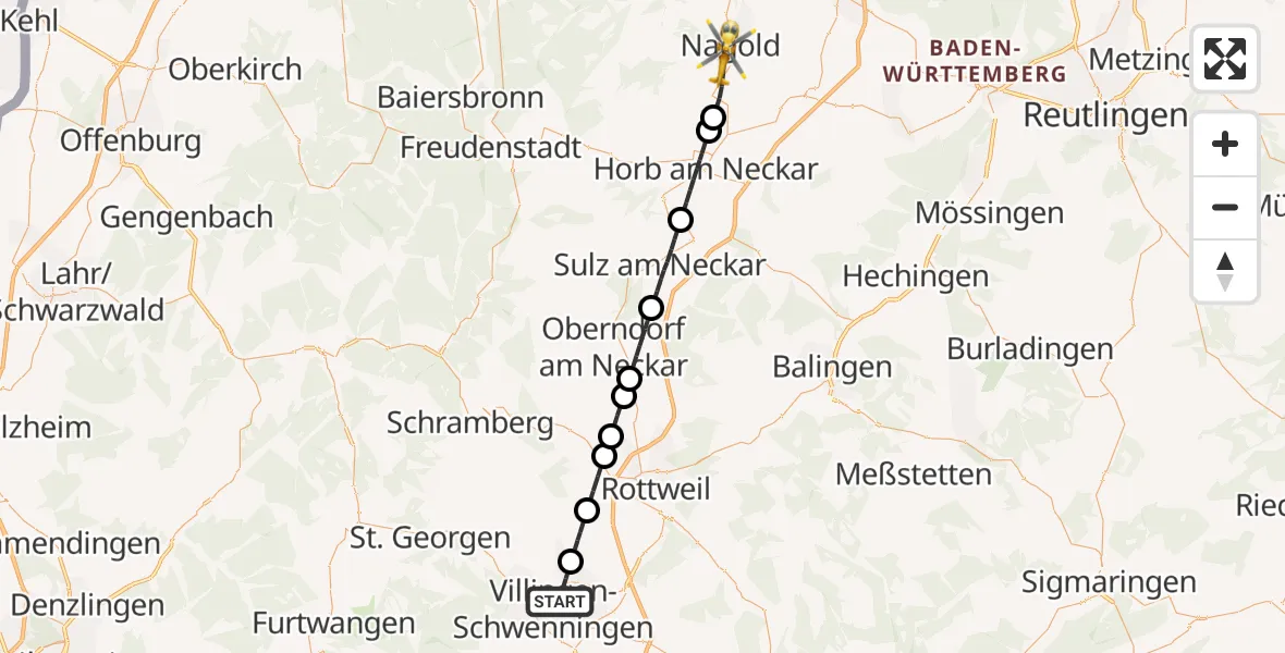 Flugroute Ambulanzhubschrauber Villingen-Schwenningen - Nagold, 09 August 2026, 04:52