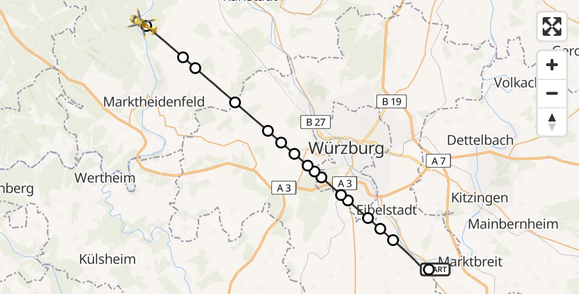 Flugroute Rettungshubschrauber Ochsenfurt Hospital - Neustadt a.Main, 09 August 2026, 05:05