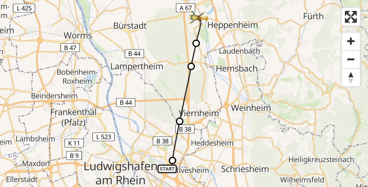 Flugroute Rettungshubschrauber Mannheim-City Flughafen - Lorsch, 09 August 2026, 05:16