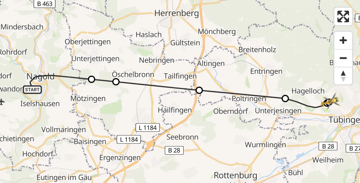 Flugroute Ambulanzhubschrauber Nagold - Tübingen Trauma Hospital, 09 August 2026, 05:48