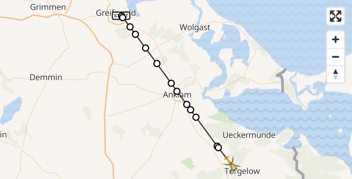 Flugroute Rettungshubschrauber Greifswald Hospital - Ferdinandshof, 09 August 2026, 05:58