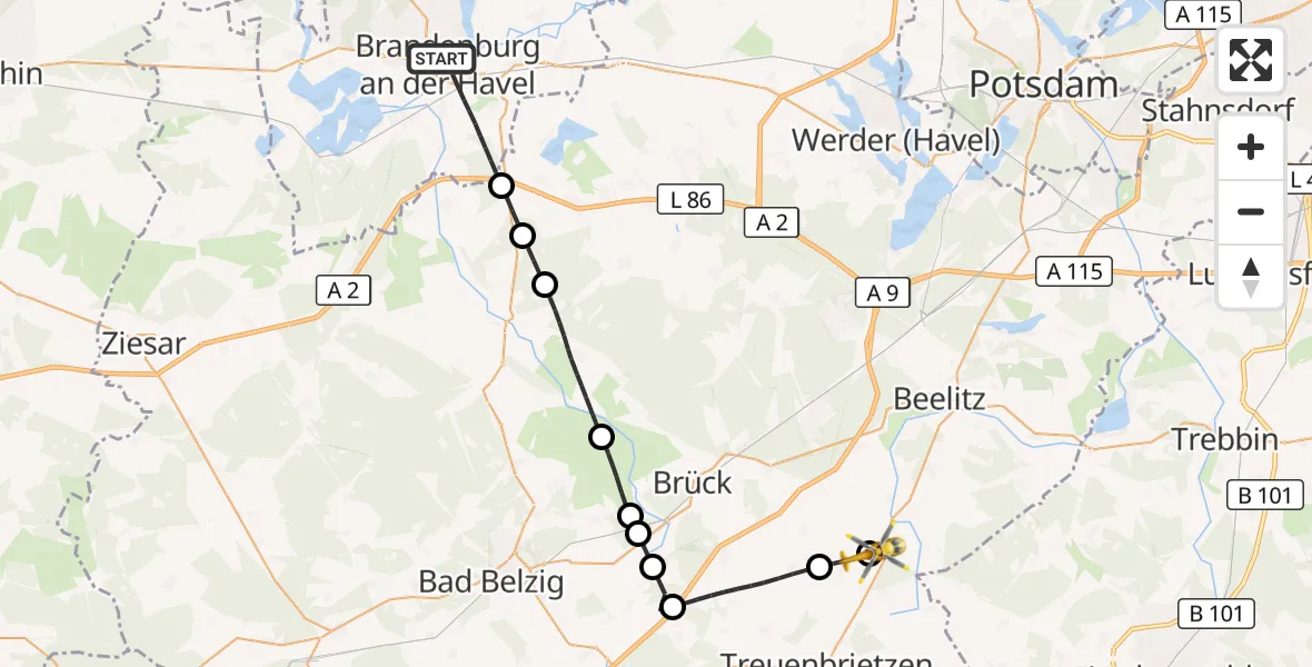 Flugroute Rettungshubschrauber Brandenburg an der Havel - Beelitz, 09 August 2026, 06:12