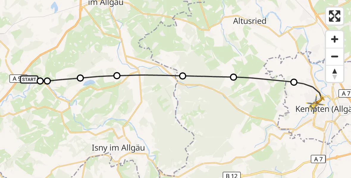 Flugroute Rettungshubschrauber Kißlegg - Kempten (Allgäu), 09 August 2026, 06:14