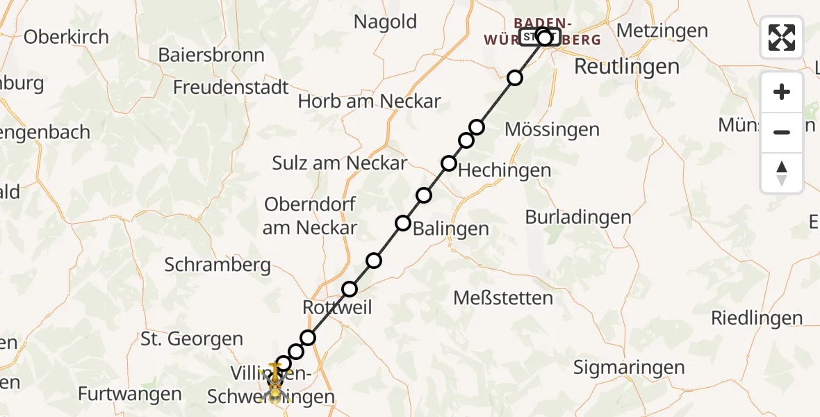 Flugroute Ambulanzhubschrauber Tübingen Trauma Hospital - DRF Air Rescue Station Villingen-Schwenningen Hubschrauberlandeplatz (Christoph 11), 09 August 2026, 06:25