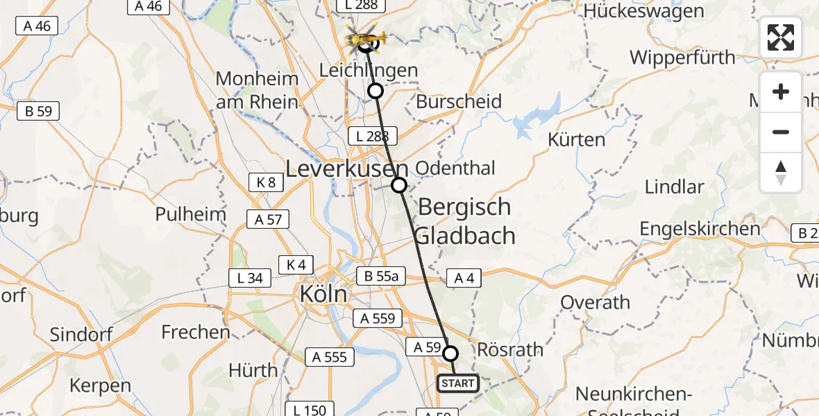 Flugroute Rettungshubschrauber Köln Bonn Flughafen - Solingen, 09 August 2026, 06:38
