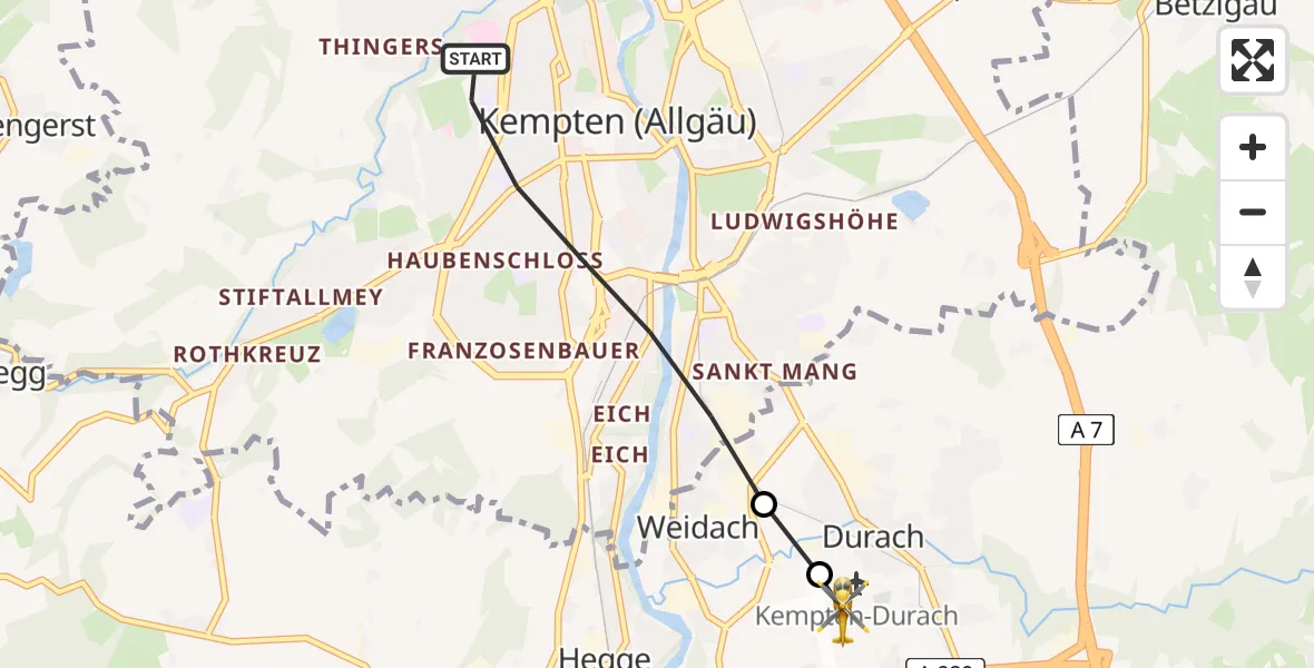 Flugroute Rettungshubschrauber Kempten (Allgäu) - Kempten-Durach Flugplatz, 09 August 2026, 06:46