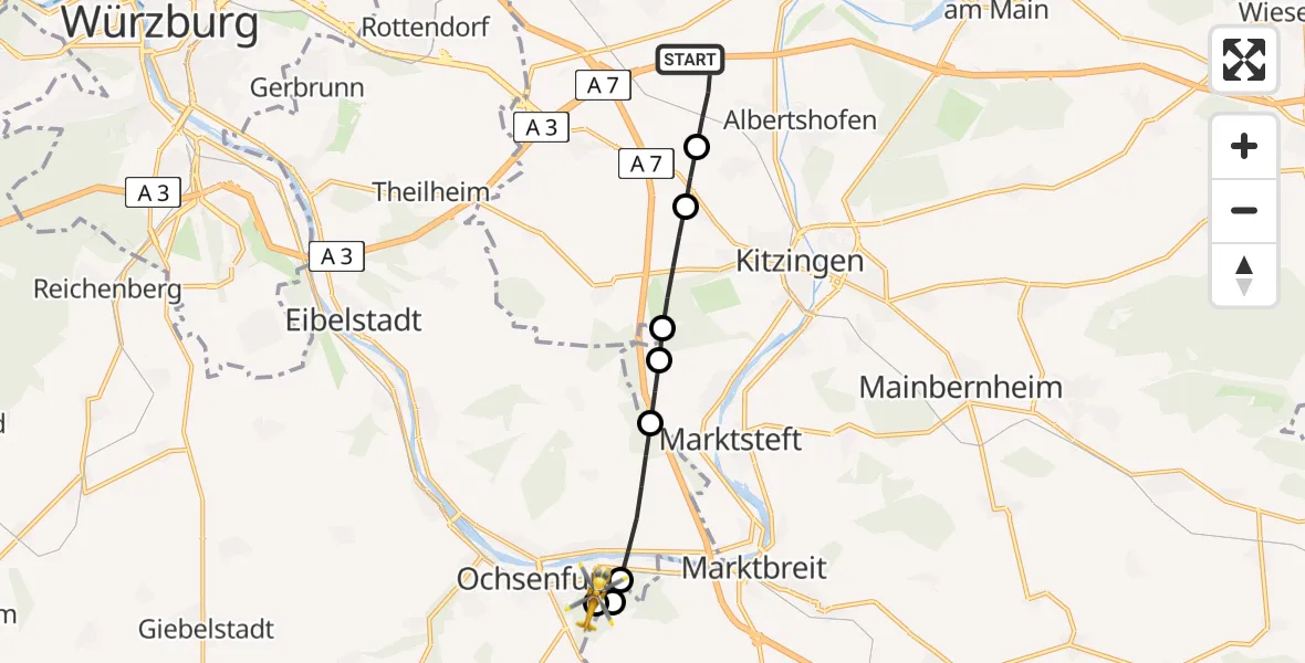 Flugroute Rettungshubschrauber Mainstockheim - Ochsenfurt Hospital, 09 August 2026, 06:47