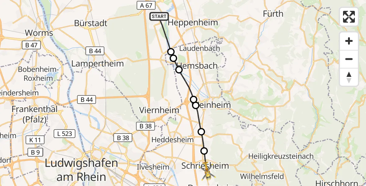 Flugroute Rettungshubschrauber Lorsch - Schriesheim, 09 August 2026, 06:53