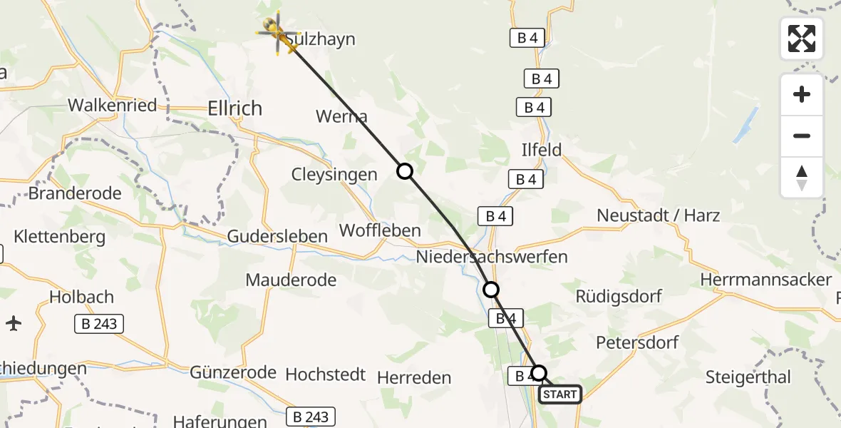 Flugroute Rettungshubschrauber Südharz Hospital Nordhausen - Ellrich, 09 August 2026, 06:59