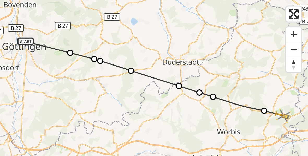Flugroute Rettungshubschrauber Göttingen - Buhla, 09 August 2026, 07:08