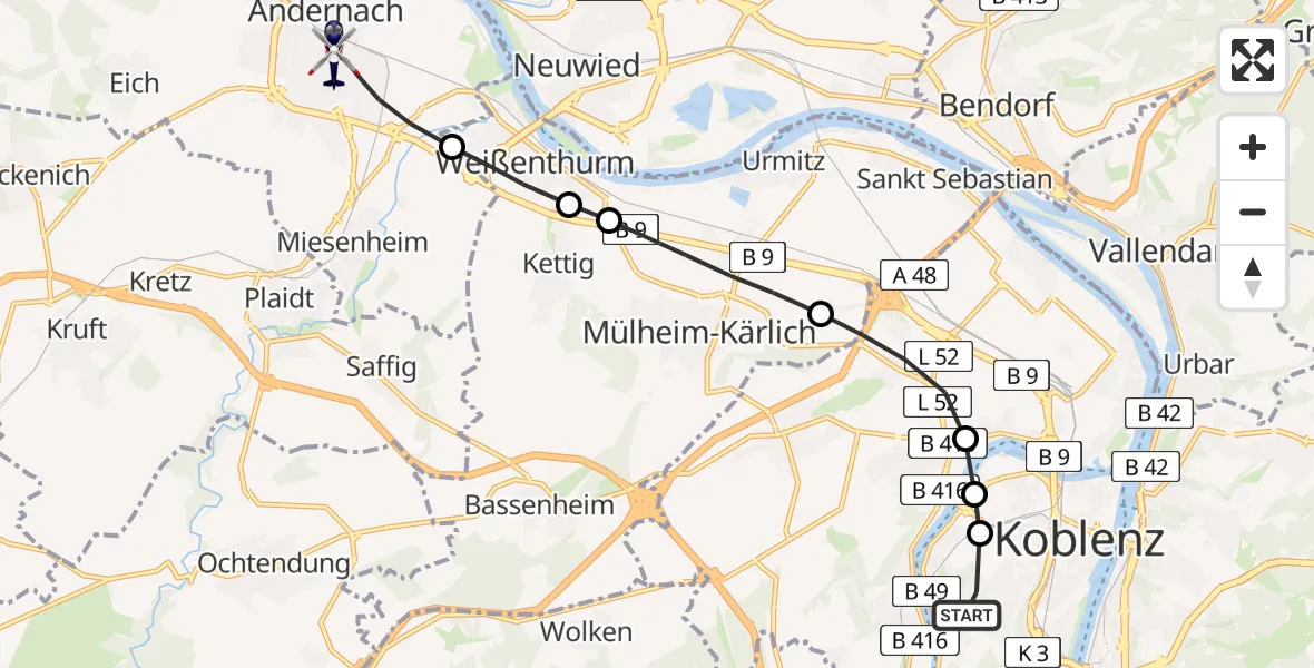 Flugroute Polizeihubschrauber Koblenz - Andernach, 09 August 2026, 07:08