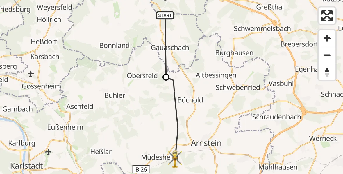 Flugroute Rettungshubschrauber Hammelburg - Arnstein, 09 August 2026, 07:13