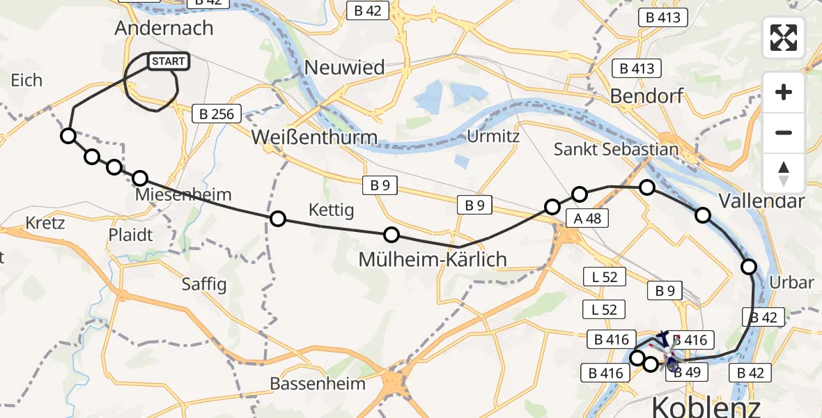 Flugroute Polizeihubschrauber Andernach - Koblenz, 09 August 2026, 07:16