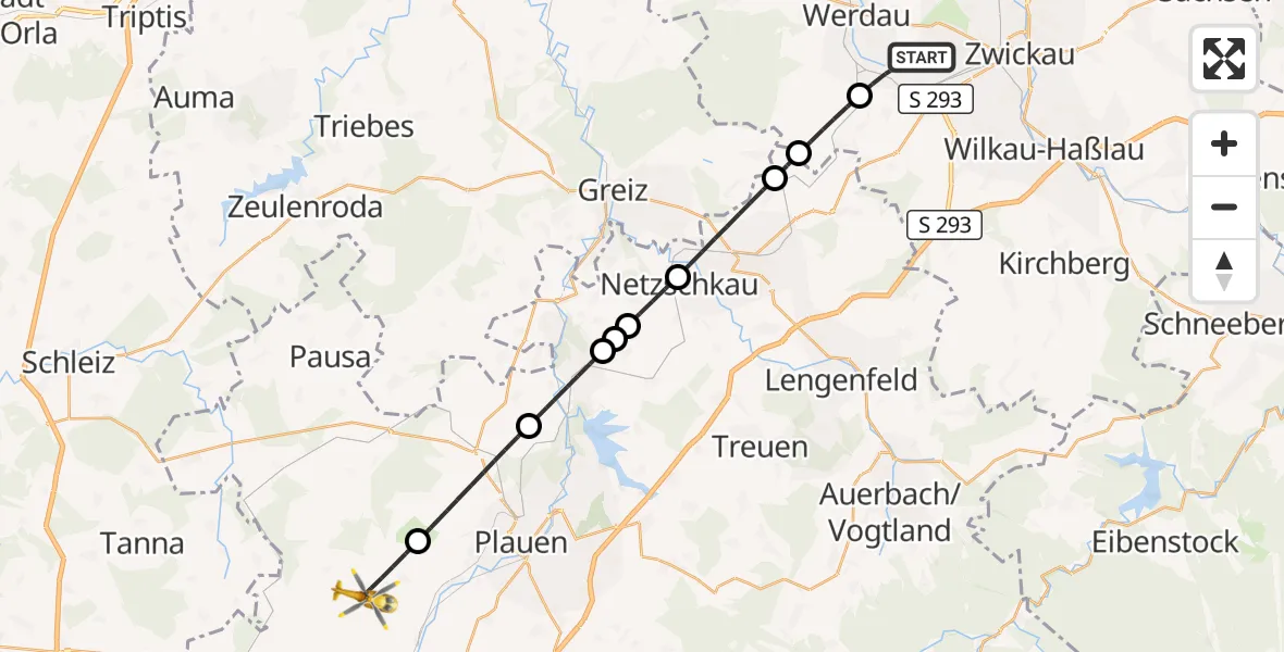 Flugroute Rettungshubschrauber Werdau - Weischlitz, 09 August 2026, 07:16