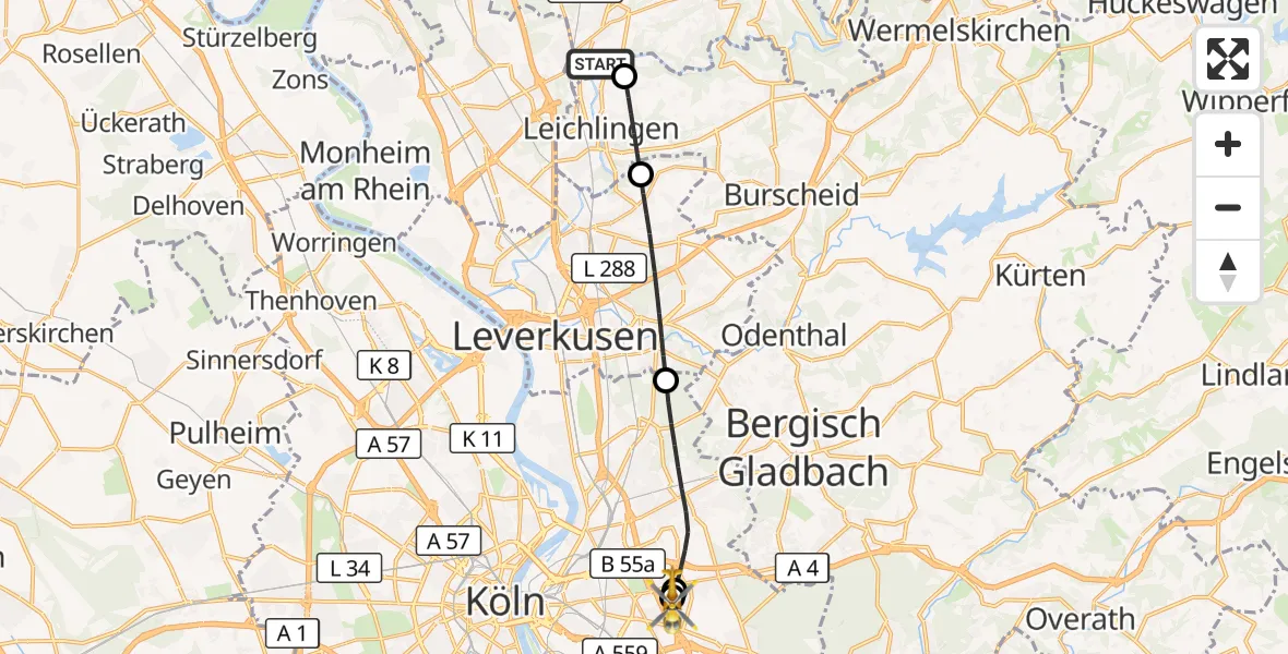 Flugroute Rettungshubschrauber Solingen - Merheim Hospital, 09 August 2026, 07:29