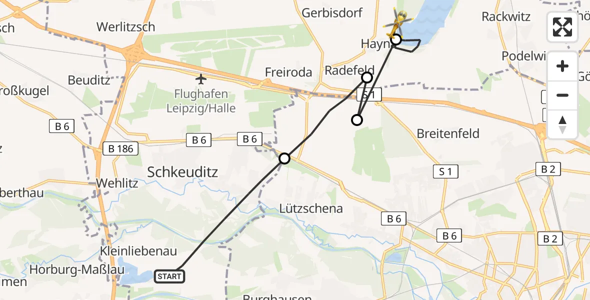 Flugroute Rettungshubschrauber Schkeuditz - Schkeuditz, 09 August 2026, 07:29