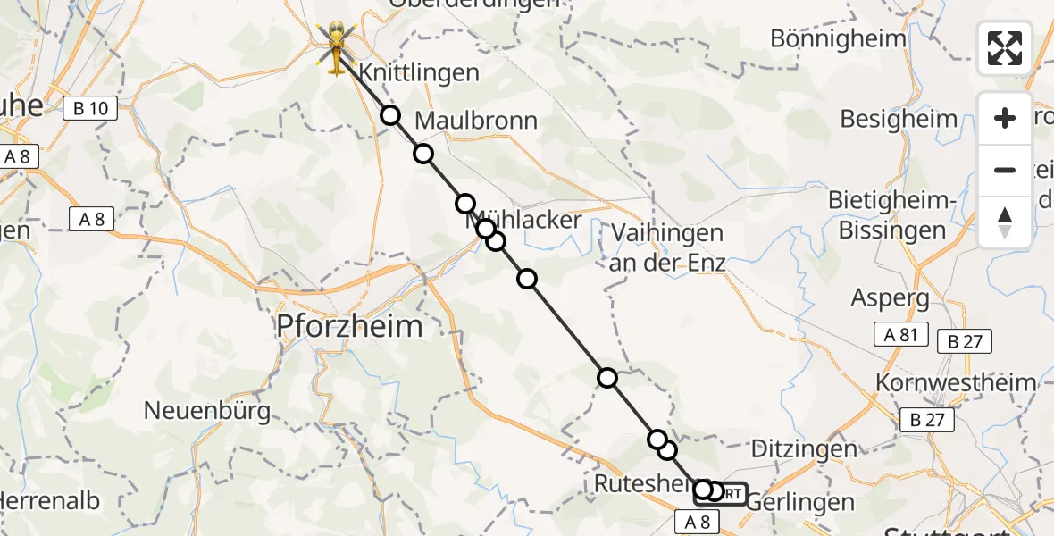Flugroute Rettungshubschrauber Leonberg Hospital - Bretten, 09 August 2026, 07:38
