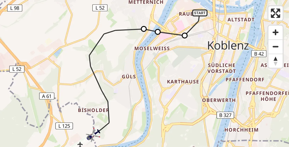 Flugroute Polizeihubschrauber Koblenz - Koblenz-Winningen Flugplatz, 09 August 2026, 07:41