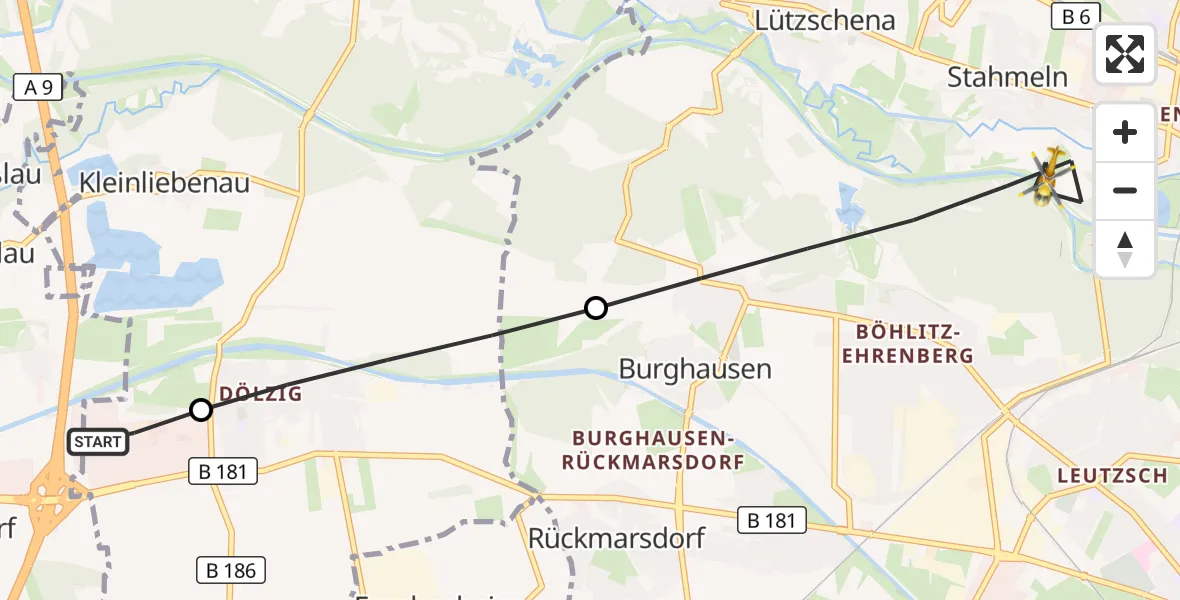 Flugroute Rettungshubschrauber ADAC Air Rescue Station Leipzig/Schkeuditz-Dölzig Hubschrauberlandeplatz (Christoph 61) - Leipzig, 09 August 2026, 07:44