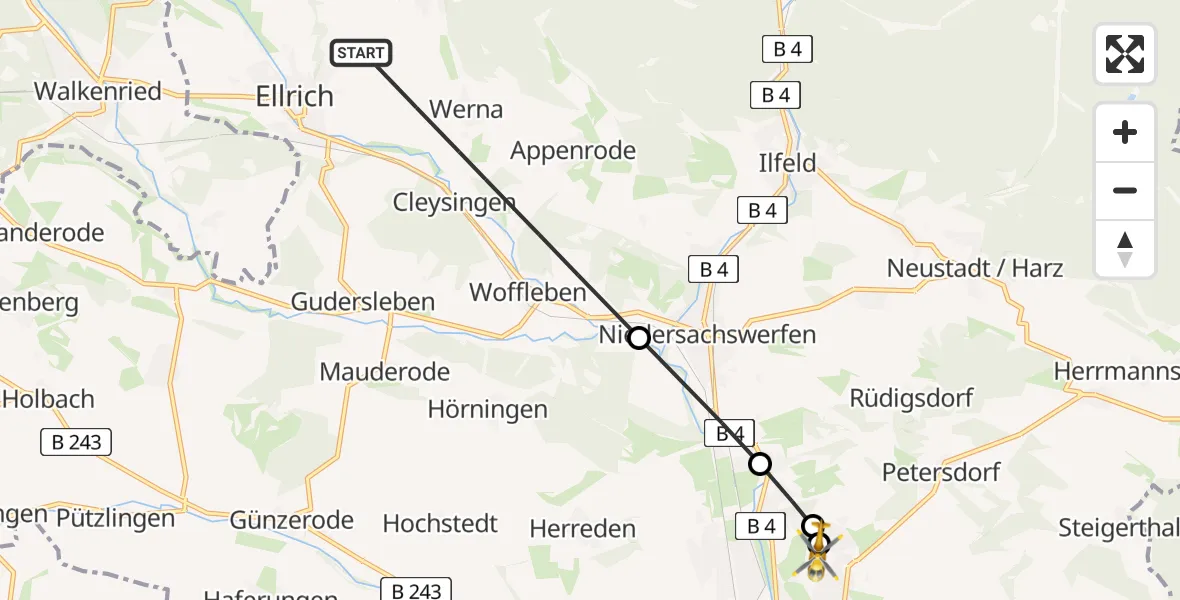 Flugroute Rettungshubschrauber Ellrich - Südharz Hospital Nordhausen, 09 August 2026, 07:56