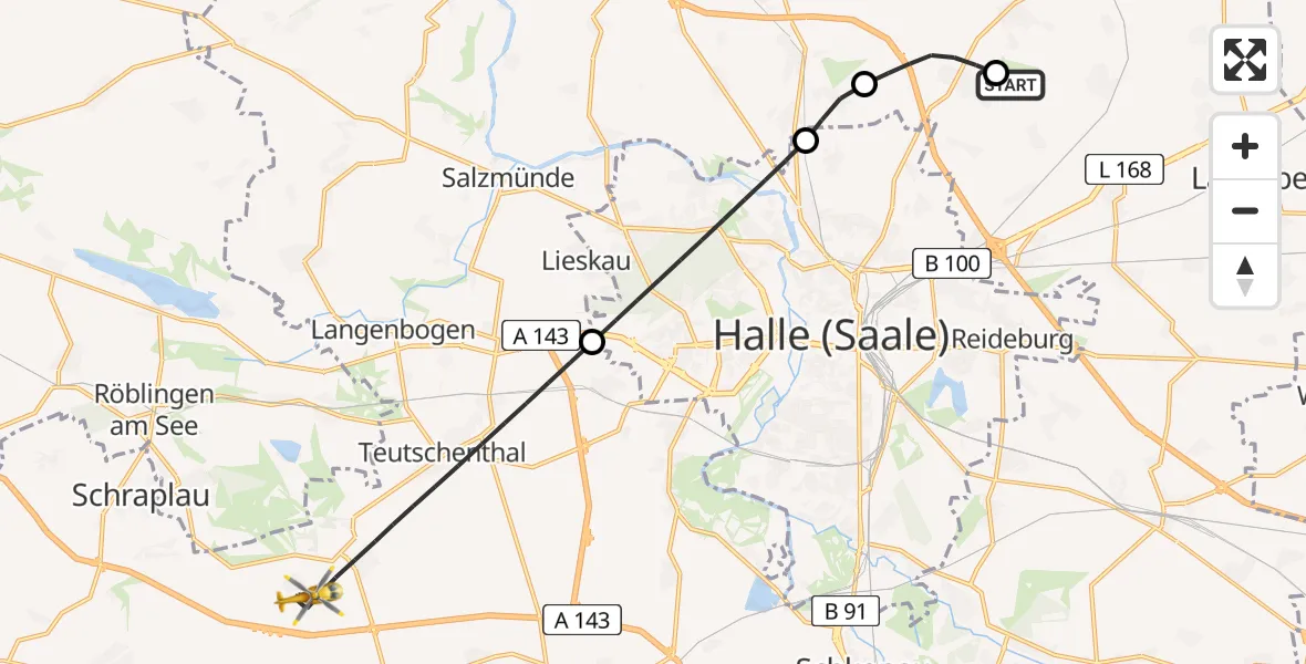 Flugroute Rettungshubschrauber Halle-Oppin Flugplatz - Teutschenthal, 09 August 2026, 07:58