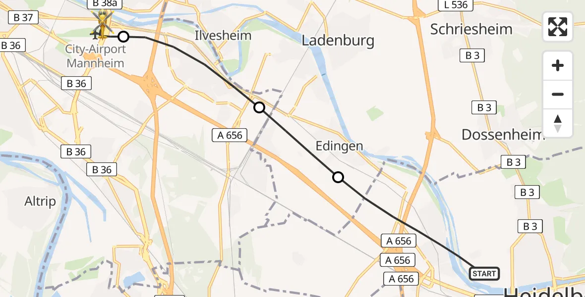 Flugroute Rettungshubschrauber Heidelberg - Mannheim-City Flughafen, 09 August 2026, 08:00