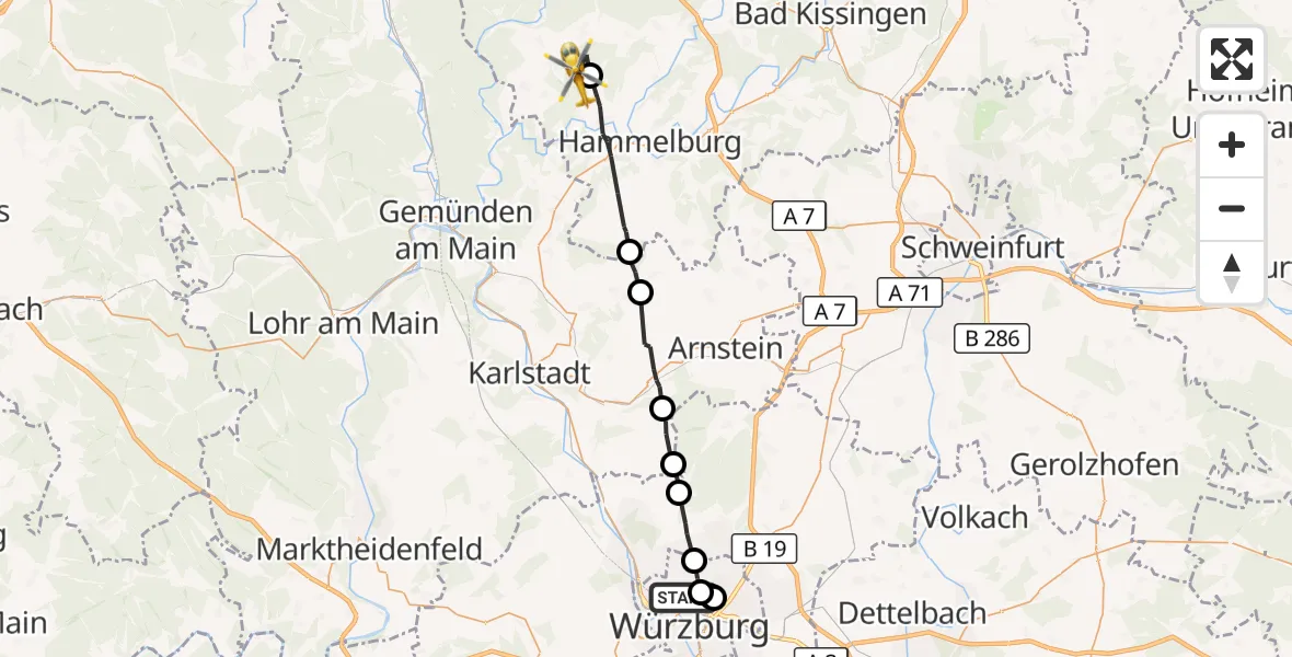 Flugroute Rettungshubschrauber Würzburg - Wartmannsroth, 09 August 2026, 08:01