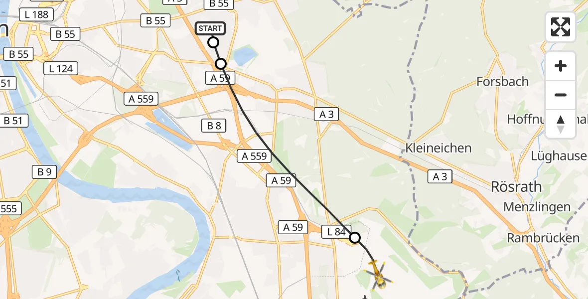 Flugroute Rettungshubschrauber Merheim Hospital - Köln Bonn Flughafen, 09 August 2026, 08:16