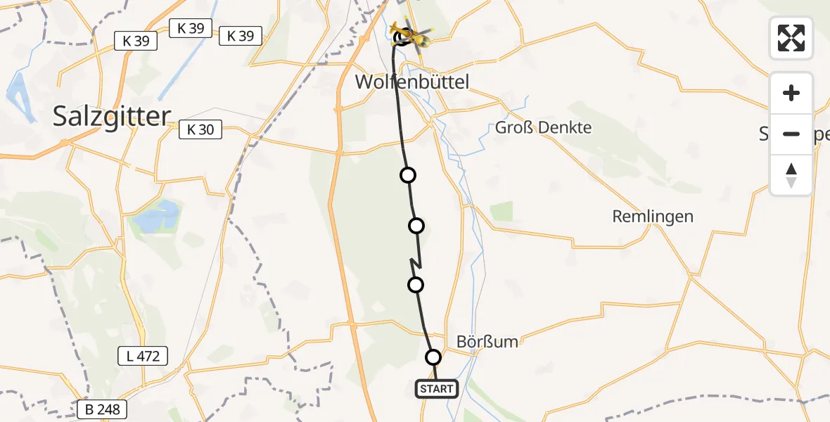 Flugroute Rettungshubschrauber Schladen-Werla - Wolfenbüttel Municipal Hospital Heliport (Christoph 30), 09 August 2026, 08:17