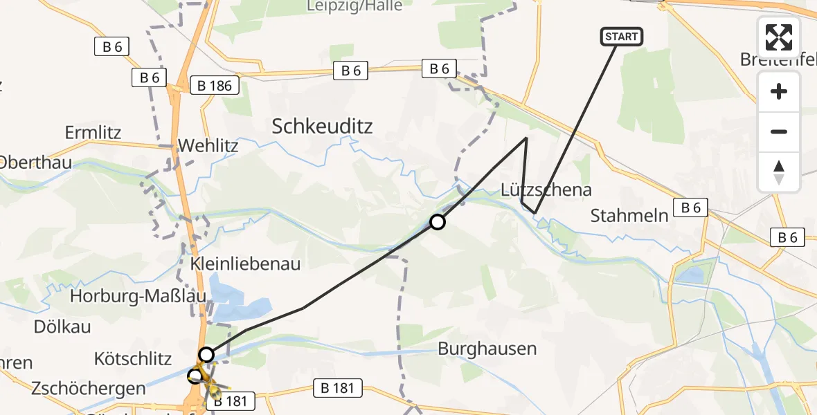 Flugroute Rettungshubschrauber Leipzig - ADAC Air Rescue Station Leipzig/Schkeuditz-Dölzig Hubschrauberlandeplatz (Christoph 61), 09 August 2026, 08:19