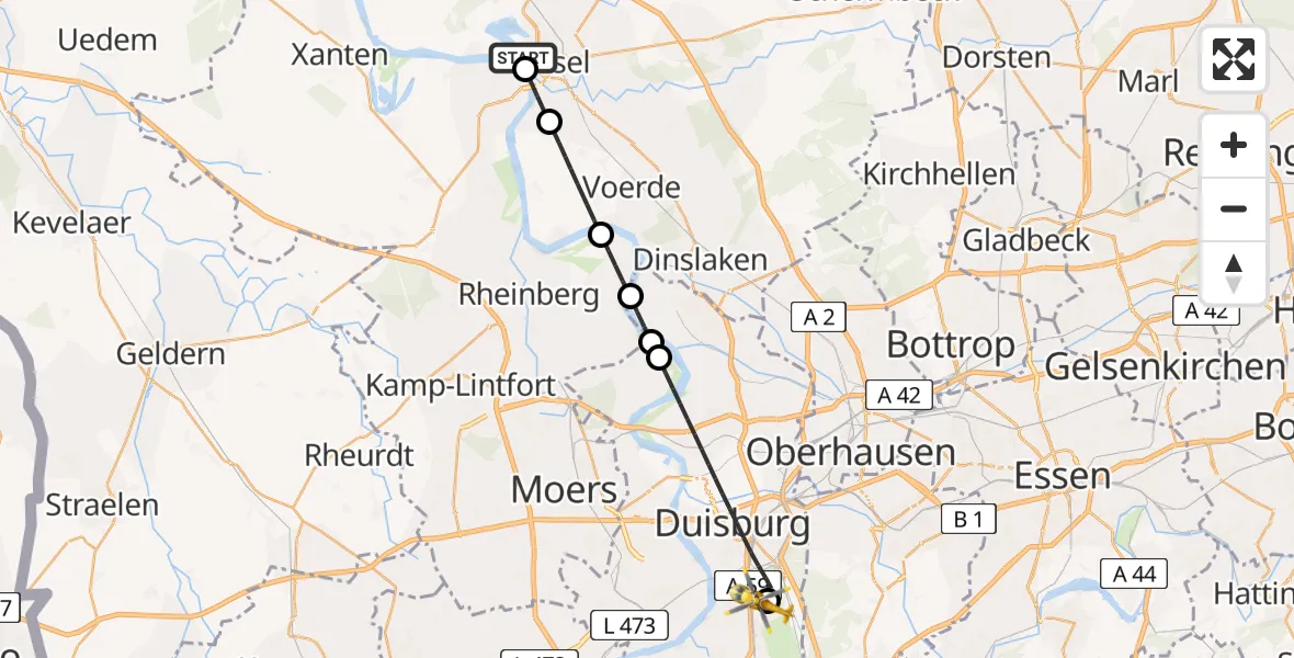 Flugroute Ambulanzhubschrauber Wesel-Römerwardt Flugplatz - Sana Clinic Duisburg Hubschrauberlandeplatz, 09 August 2026, 08:22