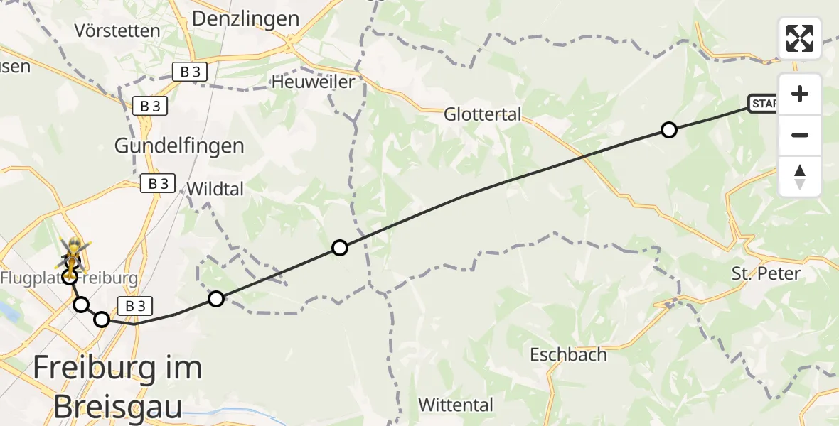 Flugroute Ambulanzhubschrauber St. Peter - Freiburg im Breisgau Flugplatz, 09 August 2026, 08:30
