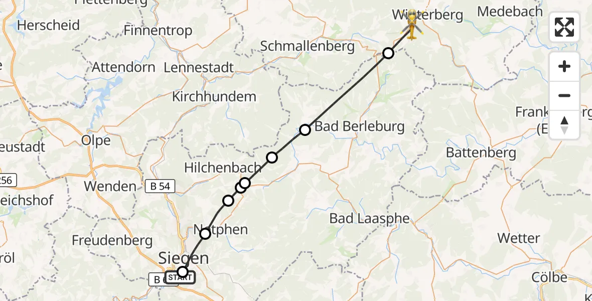 Flugroute Rettungshubschrauber Evangelisches Jung-Stilling Hospital - Winterberg, 09 August 2026, 08:38