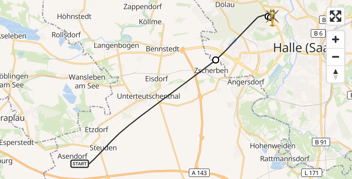 Flugroute Rettungshubschrauber Teutschenthal - Halle (Saale) University Hospital, 09 August 2026, 08:41