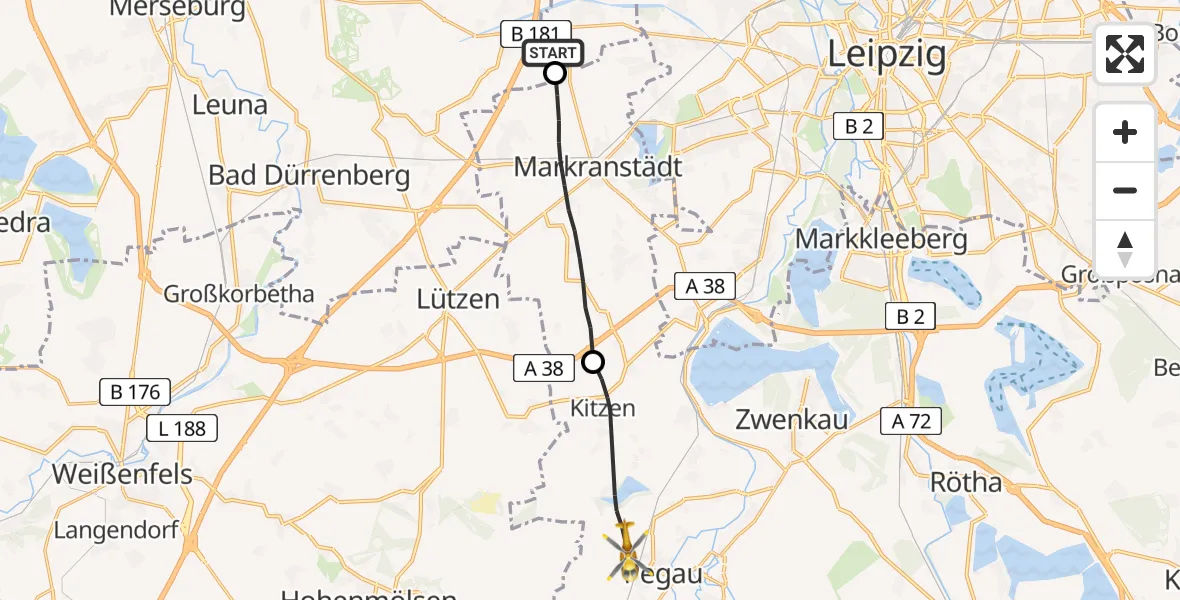 Flugroute Rettungshubschrauber Schkeuditz - Pegau, 09 August 2026, 08:41
