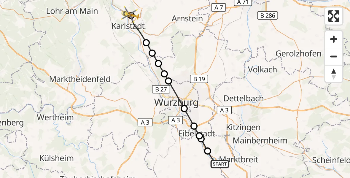 Flugroute Rettungshubschrauber Ochsenfurt - Eußenheim, 09 August 2026, 08:41