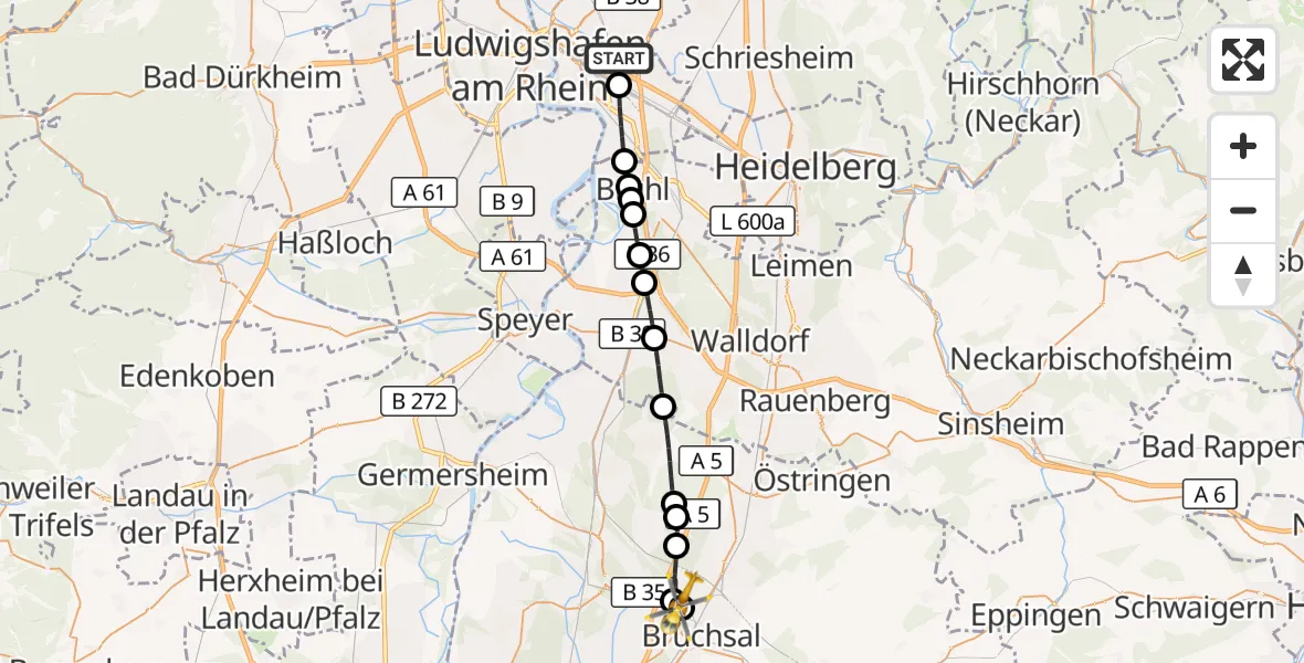 Flugroute Rettungshubschrauber Mannheim-City Flughafen - Forst, 09 August 2026, 08:44