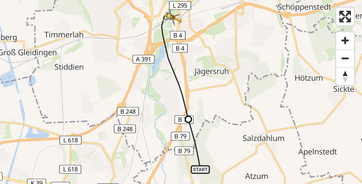 Flugroute Rettungshubschrauber Wolfenbüttel - Braunschweig, 09 August 2026, 08:50