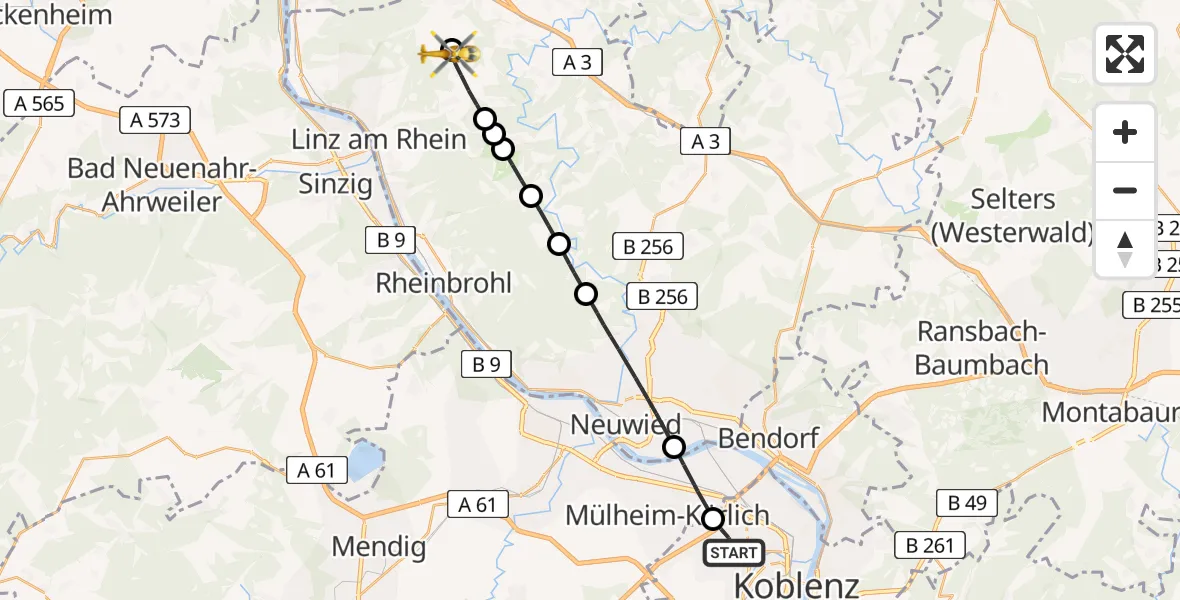 Flugroute Rettungshubschrauber Koblenz - Vettelschoß, 09 August 2026, 08:56