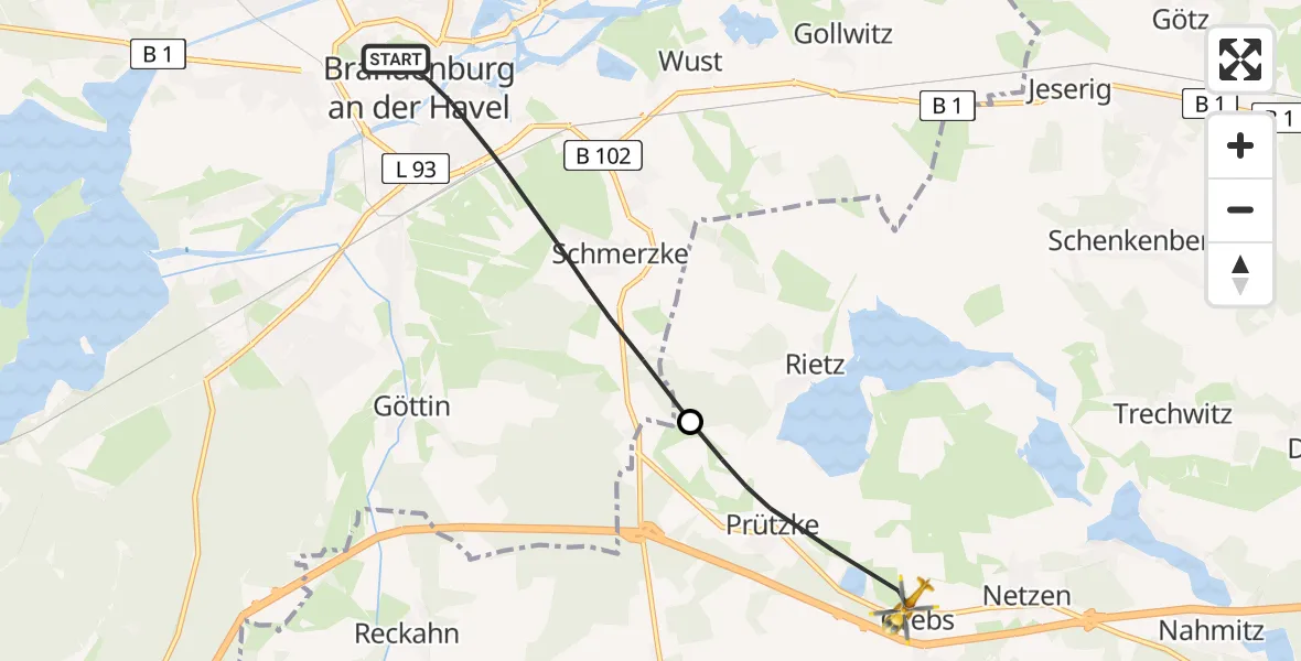 Flugroute Rettungshubschrauber Brandenburg an der Havel - Kloster Lehnin, 09 August 2026, 09:01