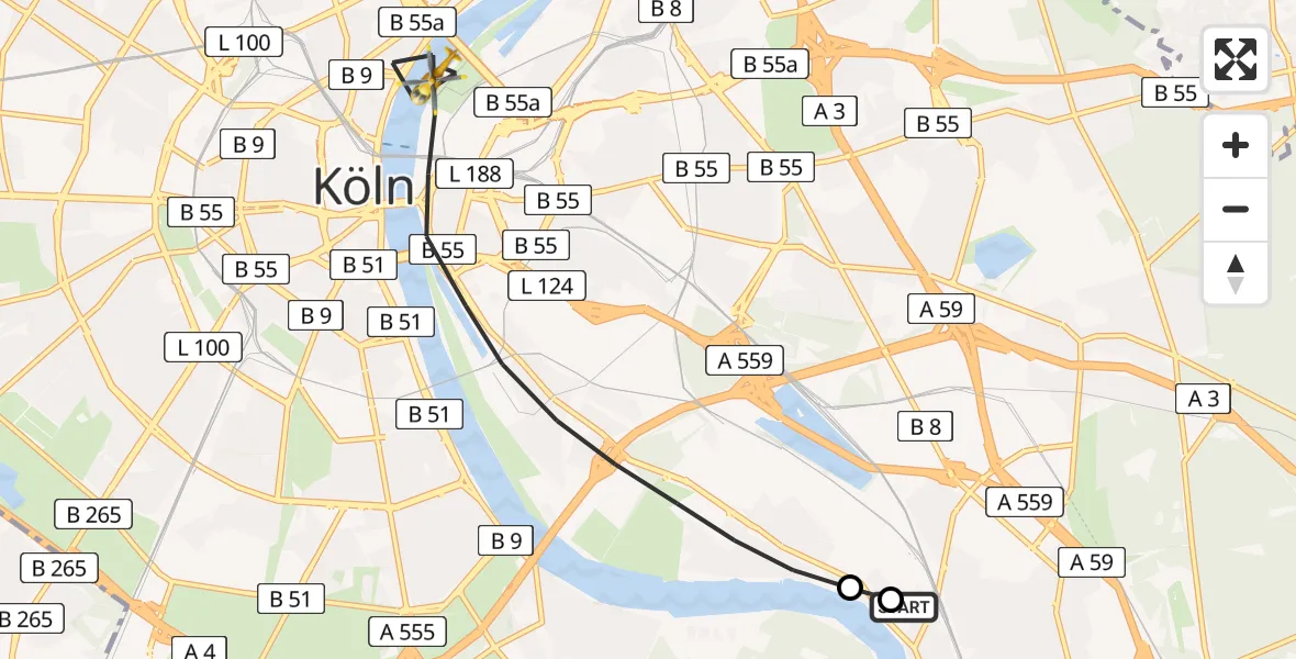 Flugroute Rettungshubschrauber Porz am Rhein Hospital - Köln, 09 August 2026, 09:05