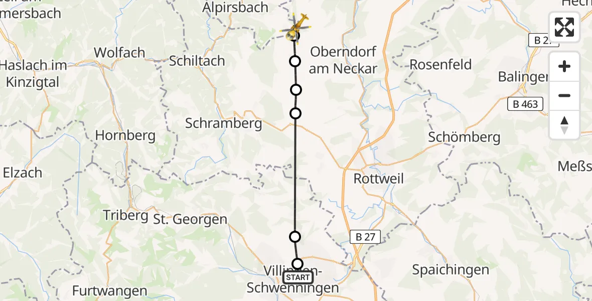 Flugroute Ambulanzhubschrauber DRF Air Rescue Station Villingen-Schwenningen Hubschrauberlandeplatz (Christoph 11) - Alpirsbach, 09 August 2026, 09:11